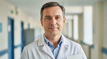 Врач-психиатр стоит в коридоре с папкой в руках